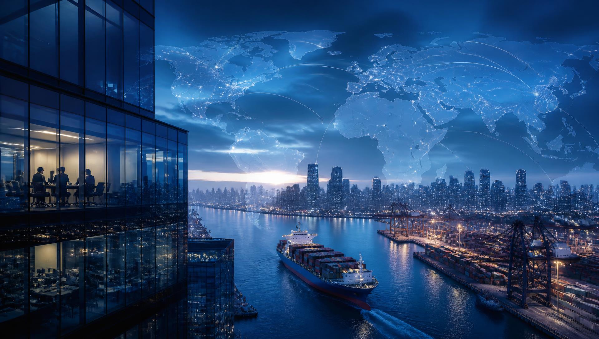 Global business skyline connected to an international container port and digital trade network